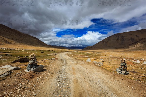 Road in Himalayas with stone cairns. Ladakh