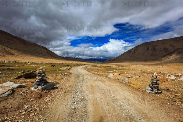 Road in Himalayas with stone cairns. Ladakh