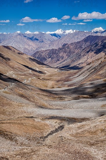 View of Karakorum range and road in valley from Kardung La