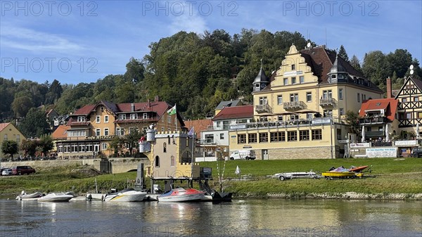 View from the Elbe ferry to the Manufaktur Hotel Stadt Wehlen and Cafe Richter