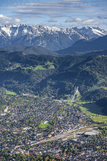 View over Garmisch-Partenkirchen with ski jump and Wetterstein Mountains