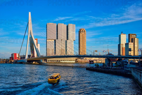 Rotterdam cityscape with Erasmus bridge over Nieuwe Maas river on sunset with speed boat passing under the bridge. Netherlands