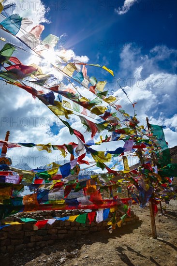 Buddist Prayer flags in Himalayas on top of Kunzum La pass