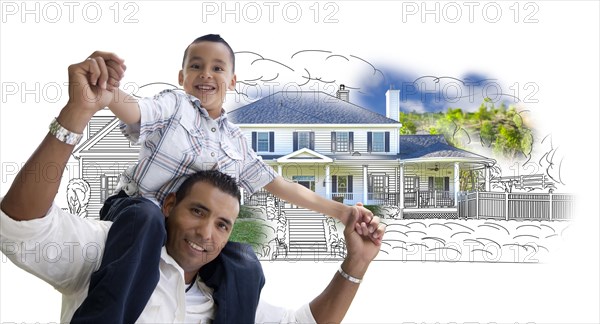 Hispanic father and son over house drawing and photo combination on white