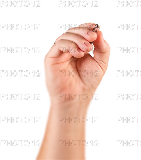 Male hand holding drafting pencil in drawing position isolated on a white background