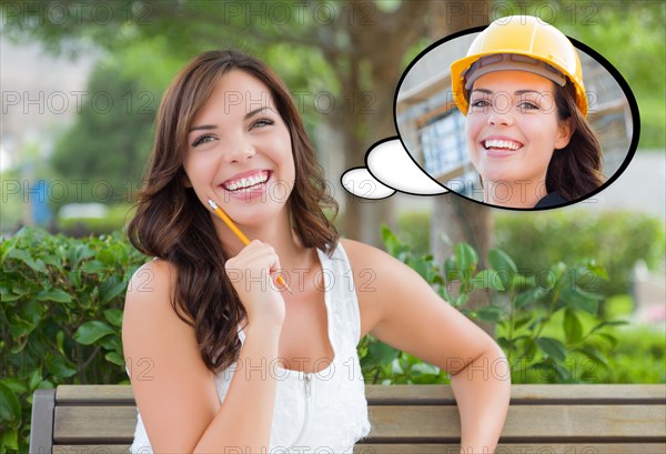 Thoughtful young woman with herself as a contractor or builder inside thought bubble