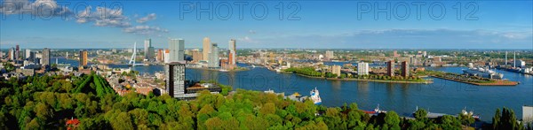 Panorama of Rotterdam city and the Erasmus bridge Erasmusbrug over Nieuwe Maas river from Euromast