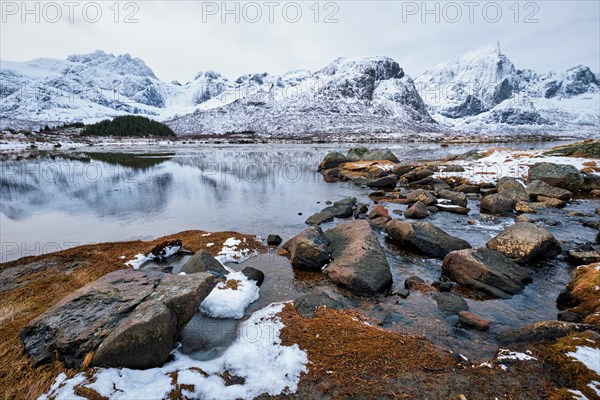 Norwegian fjord in winter. Lofoten islands