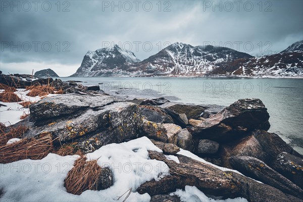 Rocky coast of fjord of Norwegian sea in winter with snow. Haukland beach