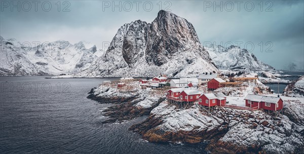 Panorama of famous tourist attraction Hamnoy fishing village on Lofoten Islands