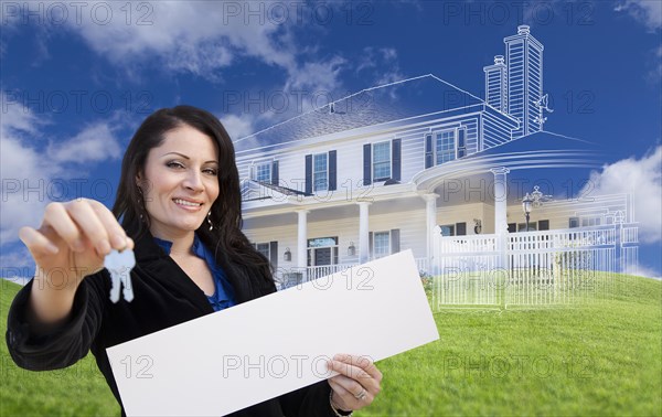 Hispanic woman holding keys and blank sign with ghosted house drawing
