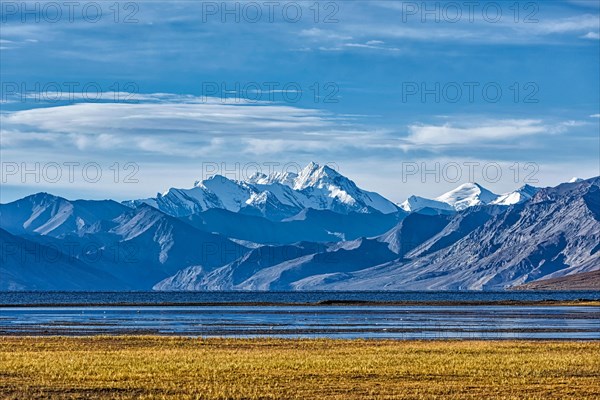 Himalayan lake Tso Moriri with mountain peaks of Himalayas. Korzok