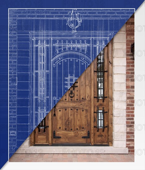 Before and after of custom house front door blueprint drawing to finished construction