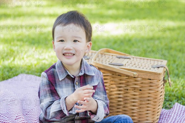 Cute young mixed-race boy sitting in park near picnic basket