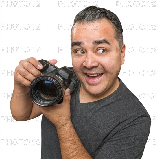 Goofy hispanic young male with DSLR camera isolated on a white background