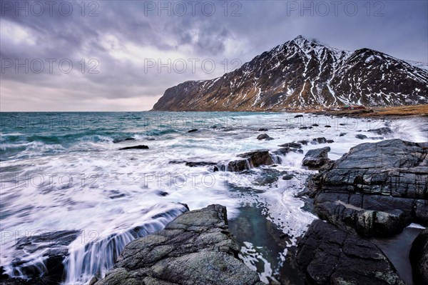 Norwegian fjord and mountains with snow in winter. Lofoten islands