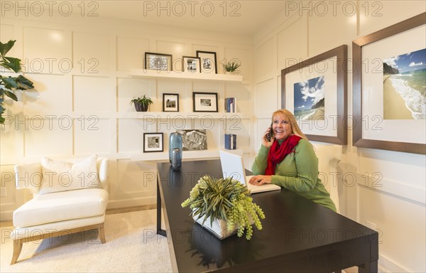 Pretty working woman on phone and laptop in beautiful office