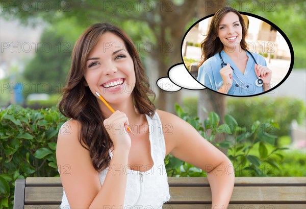 Thoughtful young woman with herself as a doctor or nurse inside thought bubble