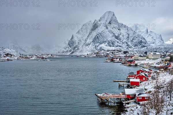 Reine fishing village on Lofoten islands with red rorbu houses in winter with snow. Norway