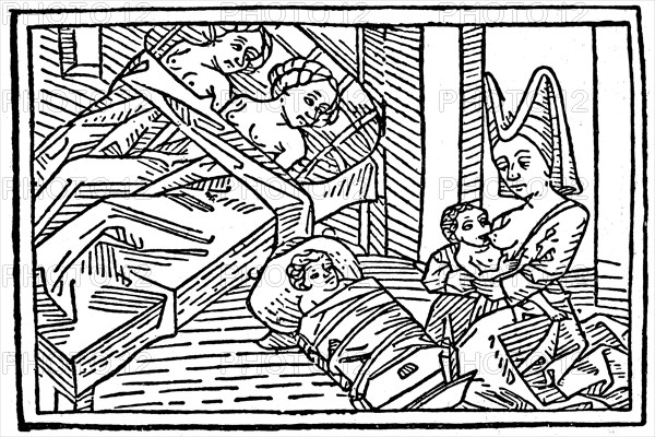 Melusine suckling her child at night. From Historie der Frau Melusine