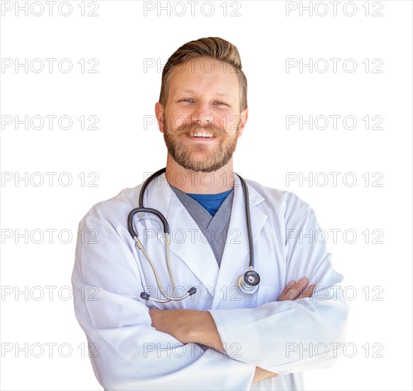 Handsome young adult male doctor with beard isolated on A white background