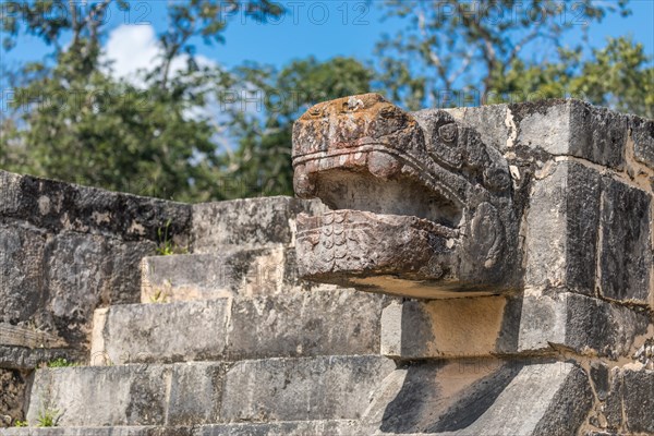 Mayan jaguar figurehead sculptures at the archaeological site in chichen itza