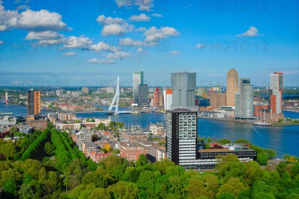 View of Rotterdam city and the Erasmus bridge Erasmusbrug over Nieuwe Maas river from Euromast