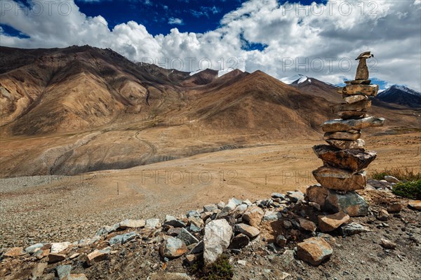 Stone cairn in Himalayas near Khardung La pass