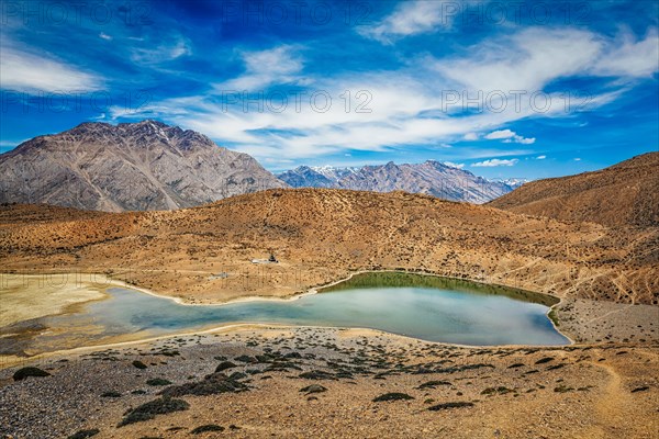 Dhankar mountain lake in Himalayas. Dhankar