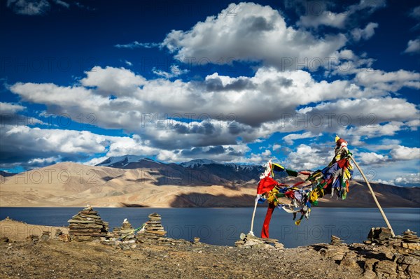 Buddhist prayer flags lungta at Himalayan lake Tso Moriri