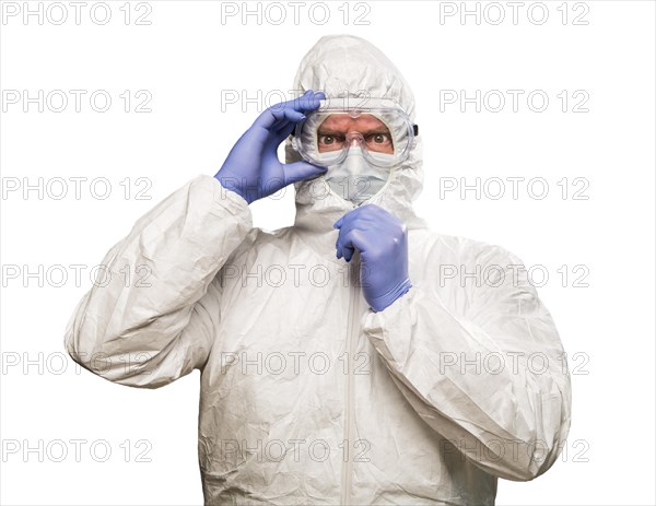 Man with intense expression wearing HAZMAT protective clothing isolated on A white background