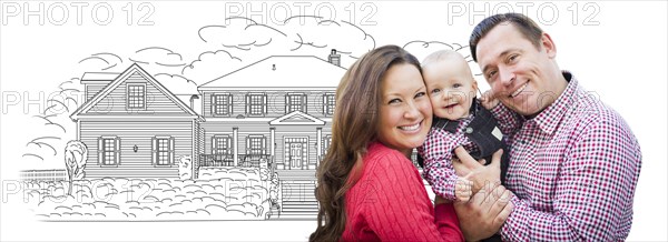 Happy young family with baby over house drawing isolated on a white background