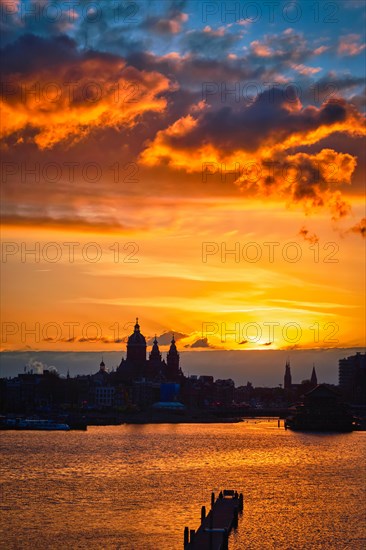 Amsterdam cityscape skyline with Church of Saint Nicholas