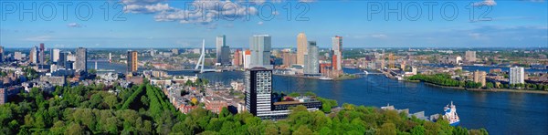 Panorama of Rotterdam city and the Erasmus bridge Erasmusbrug over Nieuwe Maas river from Euromast