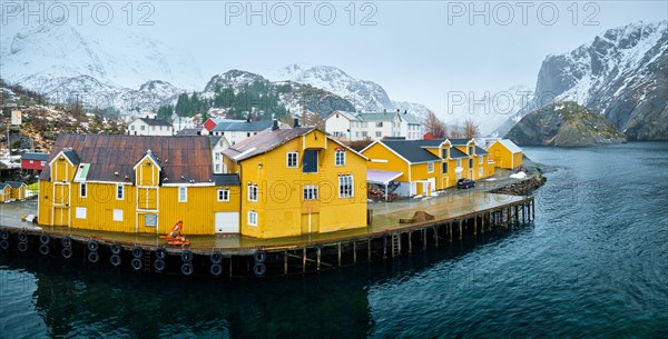 Panorama of Nusfjord authentic fishing village with yellow rorbu houses in Norwegian fjord in winter. Lofoten islands