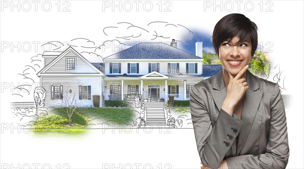 mixed-race female gazing over house drawing and photo combination on white