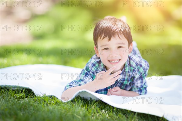 mixed-race chinese and caucasian young boy relaxing outside on the grass