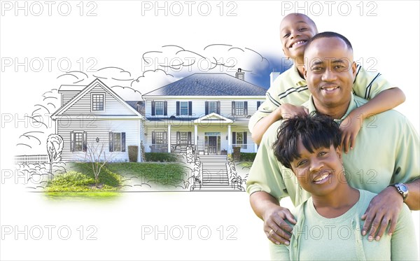 Happy african american family over house drawing and photo combination on white