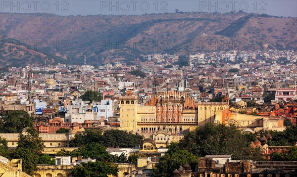 Aerial panorama view of Jaipur town and Hawa Mahal palace