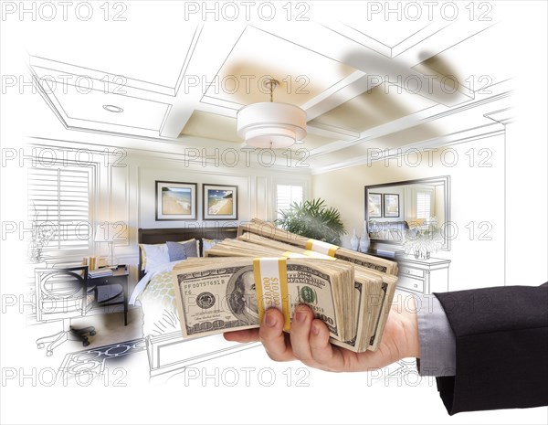 Man handing over stack of money above bedroom drawing photograph combination