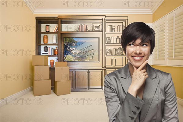 Young mixed-race female looking to the side in room with drawing of entertainment unit on wall