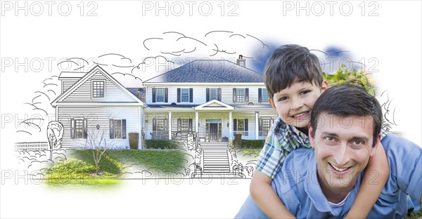 Father and son over house drawing and photo combination on white