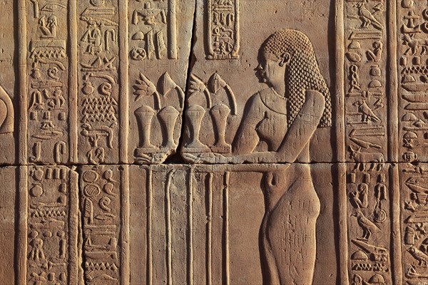 Reliefs and engravings on the walls in the Kom Ombo Temple on the Nile