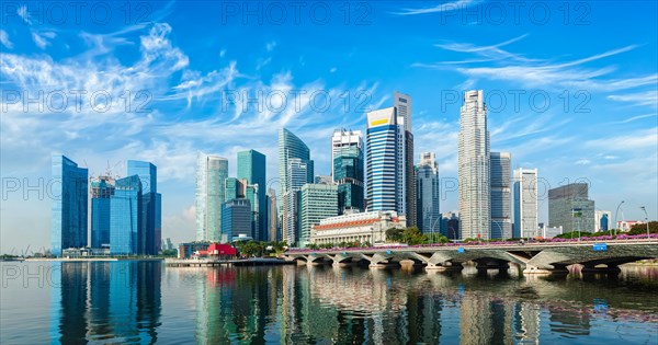 Singapore business district skyline panorama over Marina Bay
