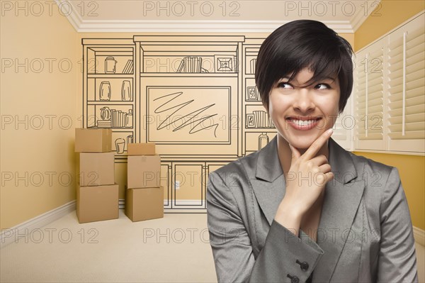 Young mixed-race female looking to the side in room with drawing of entertainment unit on wall