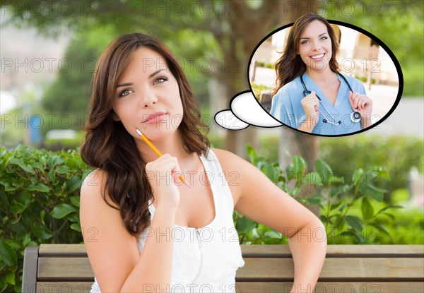 Thoughtful young woman with herself as a doctor or nurse inside thought bubble