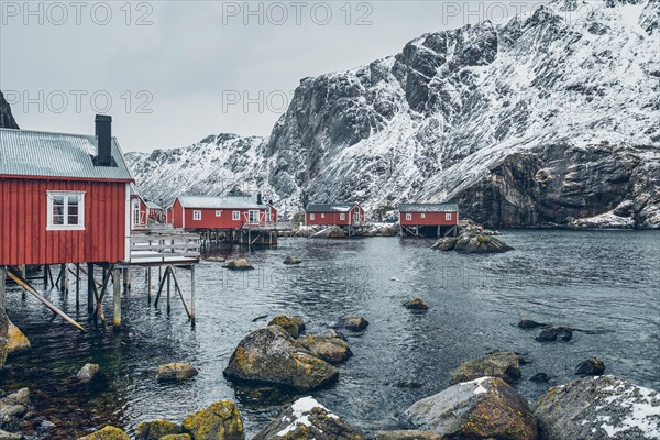 Nusfjord authentic traditional fishing village with traditional red rorbu houses in winter in Norwegian fjord. Lofoten islands