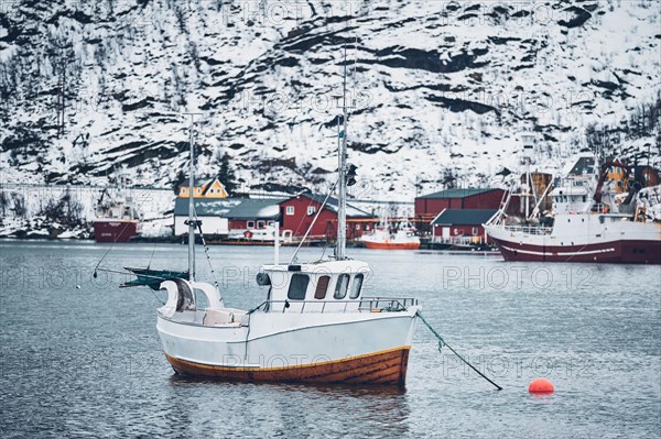 Ship fishing boat in Hamnoy fishing village on Lofoten Islands