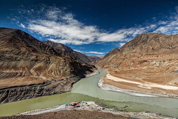 Confluence of Indus and Zanskar Rivers in Himalayas. Indus valley