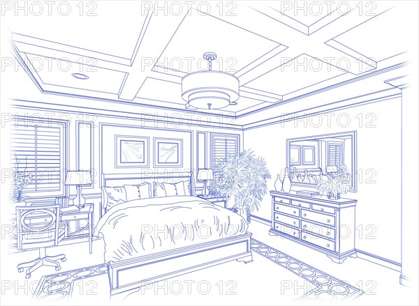 Beautiful custom bedroom design drawing in blue isolated on white